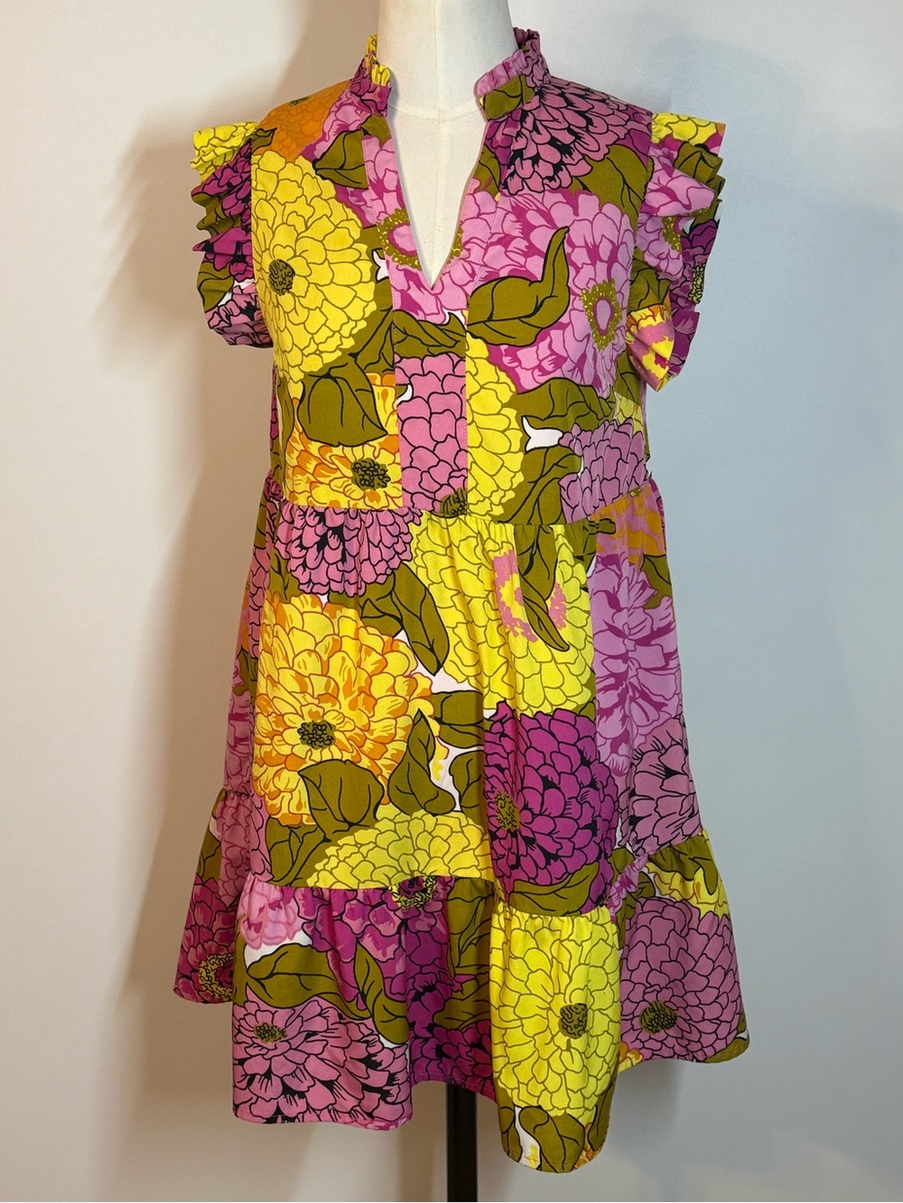 Anthropology THML Pink, Yellow & Green Floral Ruffle-Trim Mini Dress